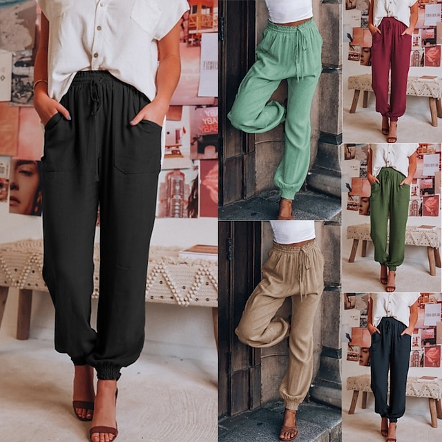  Femmes Slacks Pantalons Occasionnel Longueur complète Naturel Uni Avec Poches Conception à cordon élastique Confortable Extérieur Fête Décontracté Quotidien Week-end Vin Noir Vert Claire Vert Véronèse