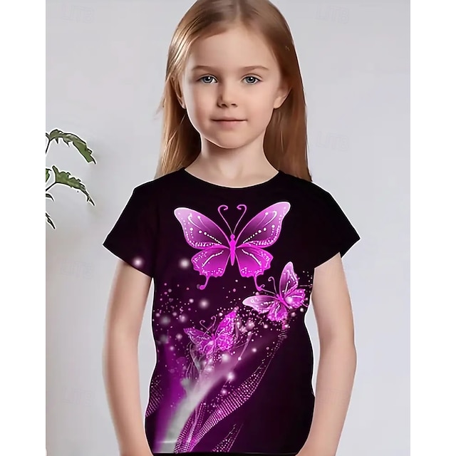  Voor meisjes 3D Vlinder T-shirt Korte mouw Zomer Lente Modieus Basic Kinderen 4-12 jaar Strakke ronde hals Buiten Casual Dagelijks Normale pasvorm
