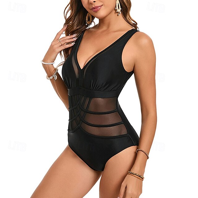  Femmes Maillot de bain 1 pièce Maille Dos Nu Maillot de Bain Couleur Unie Maillots de Bain Noir Respirant Séchage Rapide Sans manches - Natation Surf Plongée en apnée Été