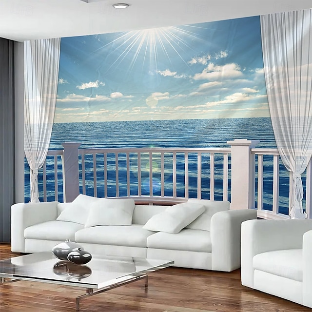  Outside The Window Balcony Sea View Hanging Tapestry Mural Art Large Tapestry Mural Decoration Photos Background Carpet Curtains Home Bedroom Living Room Decoration