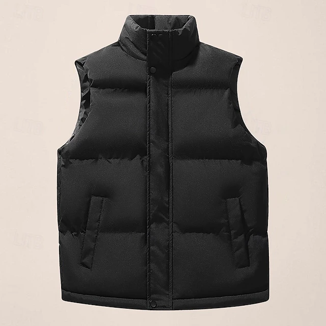 Men's Puffer Vest Daily Casual Spring & Fall Pocket Polyester Comfortable Solid Color Zipper Stand Collar Black White Blue Vest 16