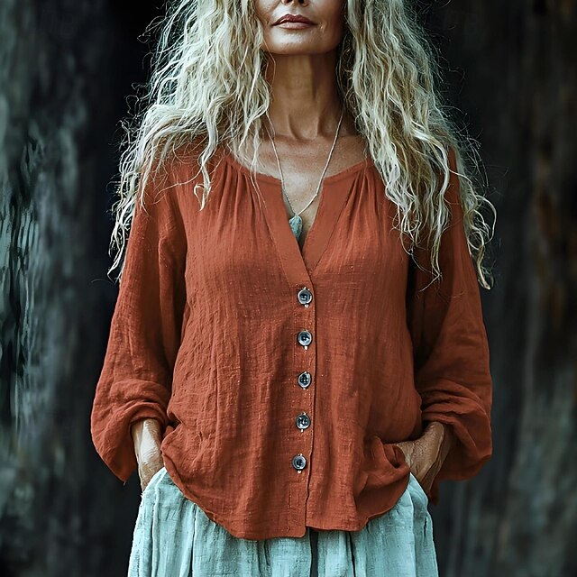 Women's Shirt Cotton Linen Shirts Linen-Inspired Sets Blouse Plain Modern Casual Long Sleeve V Neck Regular Tops Daily Holiday Buttons Orange Summer4