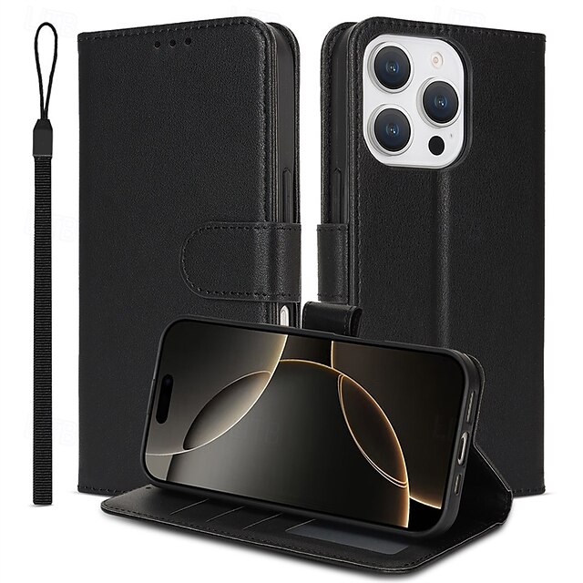  Flip Phone Case with Lanyard for iPhone 16/15/14/13/12 Pro Max/Plus – Shockproof Retro Cover, TPU+PC+PU Leather