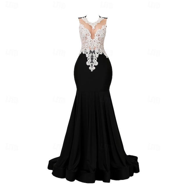  Meerjungfrau  Trompete Abendkleid Elegantes Kleid Abendgesellschaft Ball Hochauslauf Ärmellos Runder Ausschnitt Stretch Crepe mit Perlenapplikationen