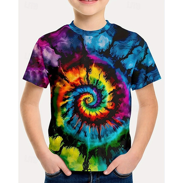  Boys 3D Tie Dye T shirt Tee Short Sleeve Summer Spring Fashion Basic Kids 4-12 Years Crew Neck Outdoor Casual Daily Regular Fit