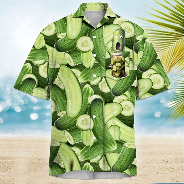 Men's Funny Pickle Cucumber Cuban Collar Shirt Button Up Shirt Aloha Shirt Short Sleeve Hawaiian Vacation Holiday Beach Wear Summer Spring Camp Collar Shirt 3D Print Front One Pocket Green4
