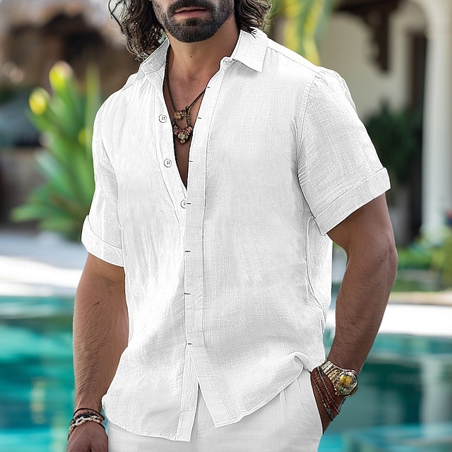 Camisa De Lino Para Hombre - Manga Corta, Verano, Casual, 95% Lino Y 5% Poliéster