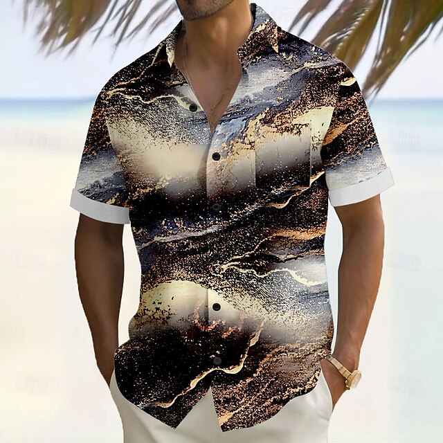 Men's Geometric Marble Abstract Liquid Art Shirt Summer Shirt Button Up Shirt Short Sleeve Fashion Casual Vacation Holiday Streetwear Summer Turndown 3D Print Front One Pocket Linen Like Shirt Black4