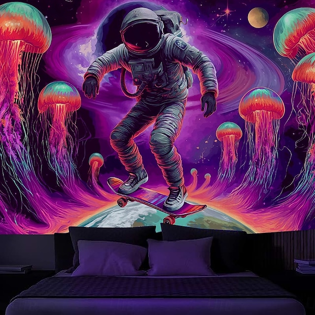  Blacklight Tapestry Glow in the Dark Glow Party UV Reactive Astronaut Dinasour Trippy Misty Nature Landscape Hanging Tapestry Wall Art Mural for Living Room Bedroom