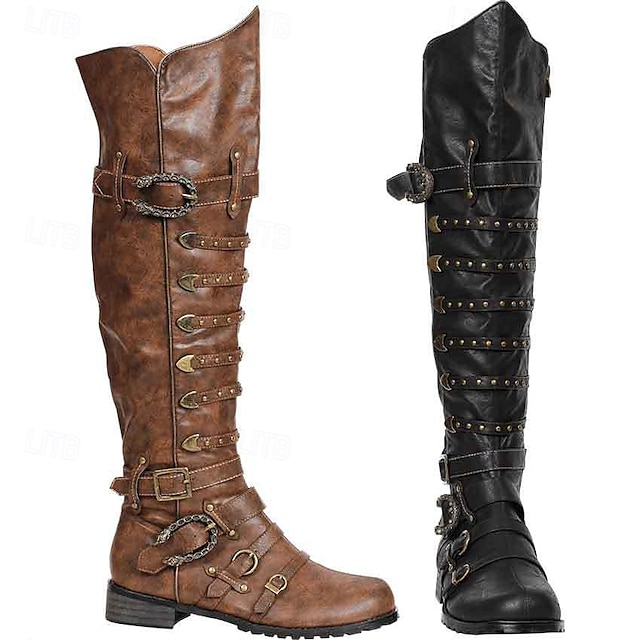  Medieval Renacimiento Zapatos Botas hasta la rodilla Botas planas de jazz Hombre Celta Pirata Víspera de Todos los Santos Mascarada Rendimiento LARP Feria Ren Adulto Zapatos