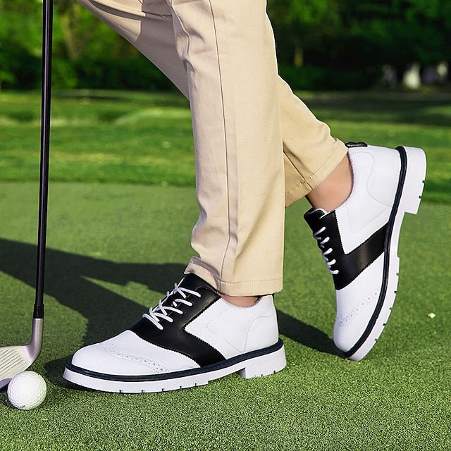  Men's Classic Black and White Golf Shoes with Faux Leather Upper - Versatile Design for Golf and Casual Wear