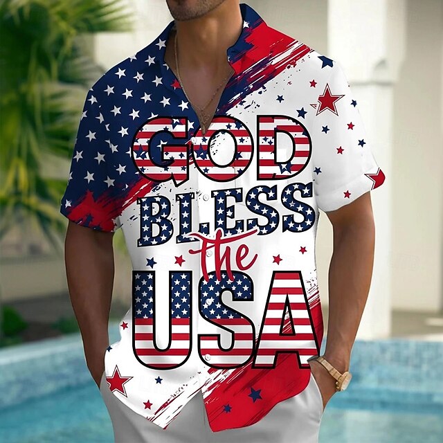 Independence Day Men's American US Flag Patriotic GOD Shirt Summer Shirt Button Up Shirt Short Sleeve Fashion Casual Holiday Summer Spring Turndown 3D Print Collared Shirts Front One Pocket White4