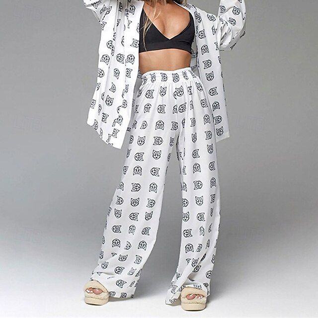  Femmes Mode Streetwear Ensembles en coton et lin Ensembles de Pantalons manche longue Décolleté plongeant Lettre Imprimé Tenue quotidienne Date Noir Blanche Vert Été Coupe régulière