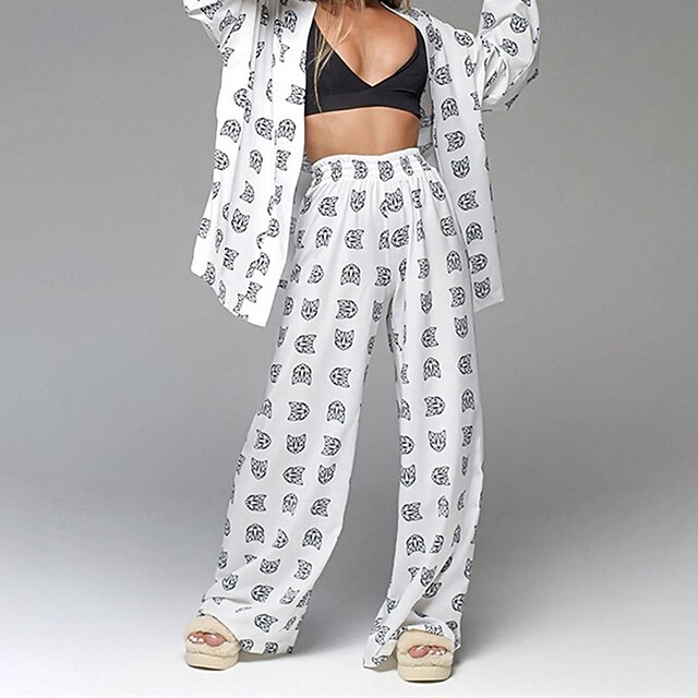 Women's Fashion Streetwear Cotton Linen Sets Pants Sets Long Sleeve Deep V Letter Print Daily Wear Date Black White Green Summer Regular Fit4