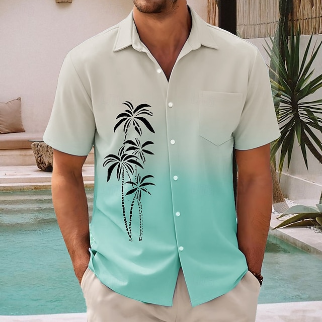  Herr Kokosnötsträd Gradientfärg Hawaii skjorta Knapp upp skjorta Aloha skjorta Kortärmad Hawaiisk Semester Helgdag Standkläder Sommar Vår Nedvikt 3D-utskrift krage skjortor Främre en ficka Blå Grön
