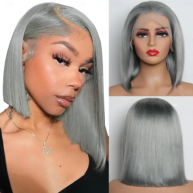  parrucca frontale in pizzo con capelli umani grigi 13x4, parrucca corta e liscia in pizzo con densità del 150%