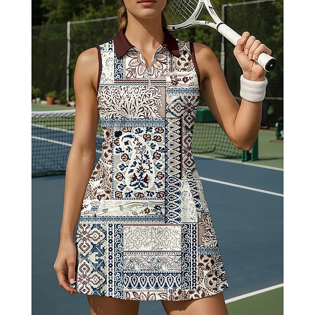  US Open Women's Tennis Dress Sports Dress Sleeveless Print Breathable Tennis Golf Badminton Polo Collar Zip Collar Floral Dress Coffee Tennis Clothing