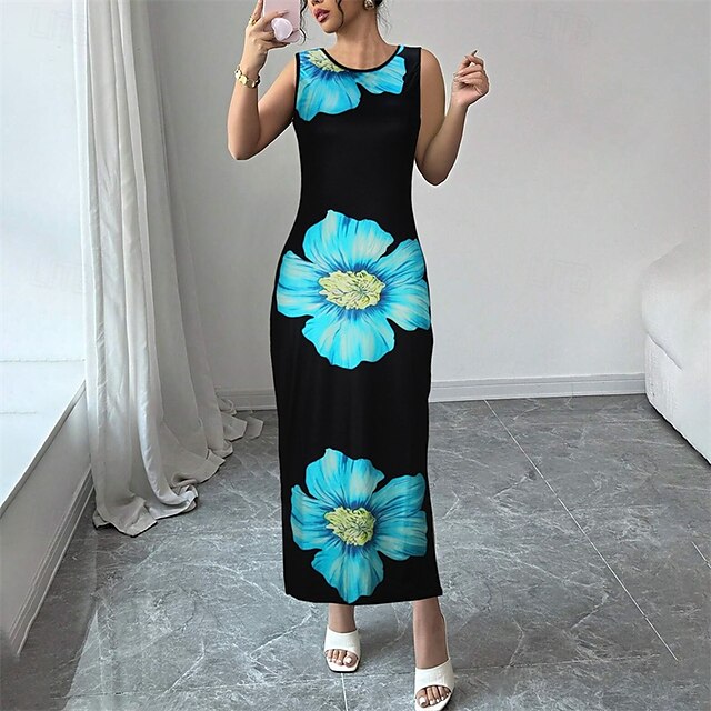  Damskie Długa sukienka sukienka maxi Codzienne sukienki Sukienka ołówkowa Sukienka na szerokich ramiączkach Moda Na zewnątrz Impreza Święto Regularny Kwiat Bez rękawów Półgolf Czarny Lato