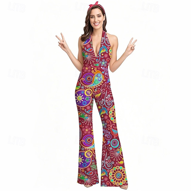  Retro Vintage Boho 1970er Schlaghosen Overall Hippie Disco Paisley-Muster Stammes Damen Halloween Karneval Urlaub Musikfestival Festival Erwachsene Jumpsuit