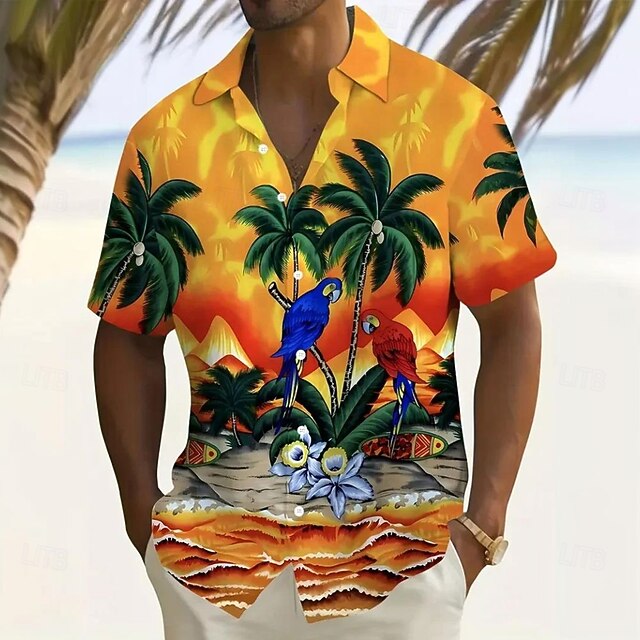 Men's Coconut Tree Parrot Tropical Plants Summer Hawaiian Shirt Button Up Shirt Aloha Shirt Short Sleeve Hawaiian Resort Vacation Holiday Beach Wear Summer Spring Turndown 3D Print Collared Shirts4