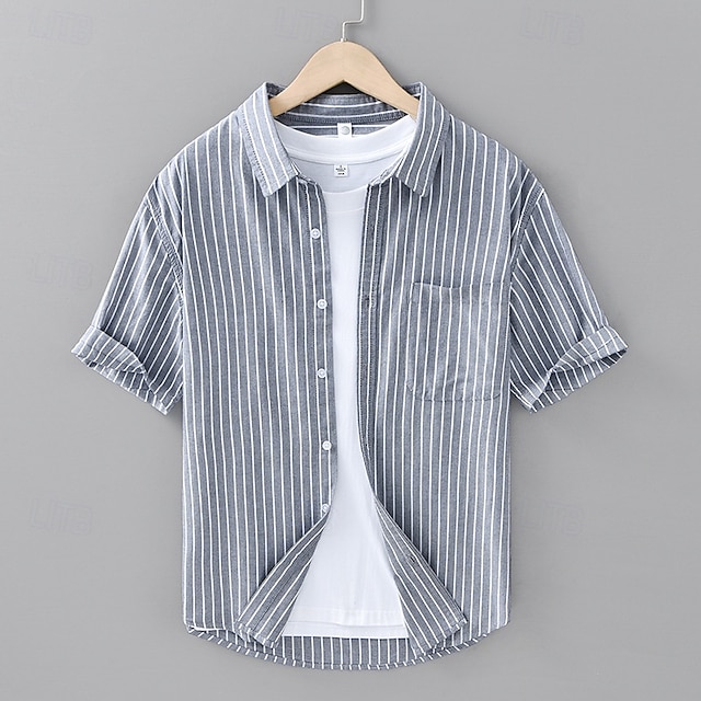  Voor heren Overhemd Zomer overhemd Normaal shirt Strand hemd Overhemd met knopen Wit blauw Groen Grijs Korte mouw Gestreept Revers Vakantie Hawaii Zak Kleding 100% katoen Modieus Casual Comfortabel
