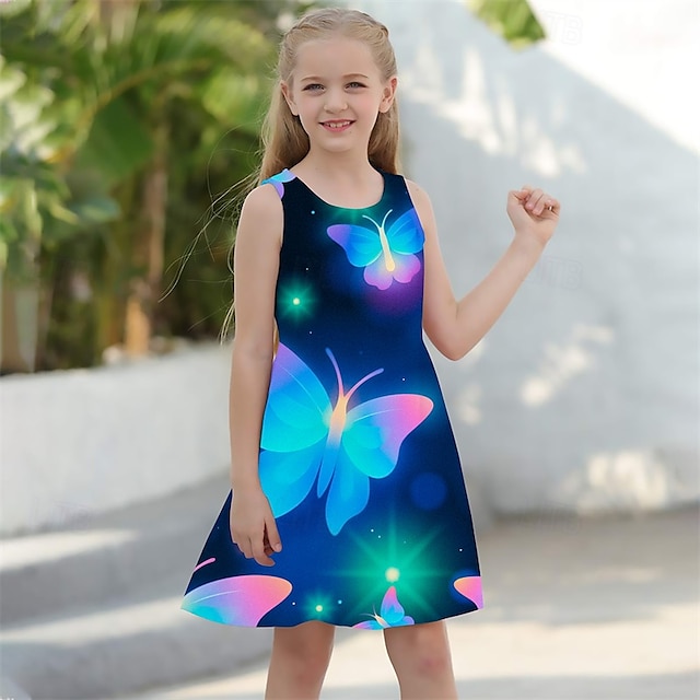 ragazze' 3D Farfalla Abito Senza Maniche Estate Primavera Vacanza Quotidiano Ferie Principessa Bello Dolce Bambini 4-12 Anni Vestito Casual Abito a trapezio Lunghezza al ginocchio Vestibilità regolare