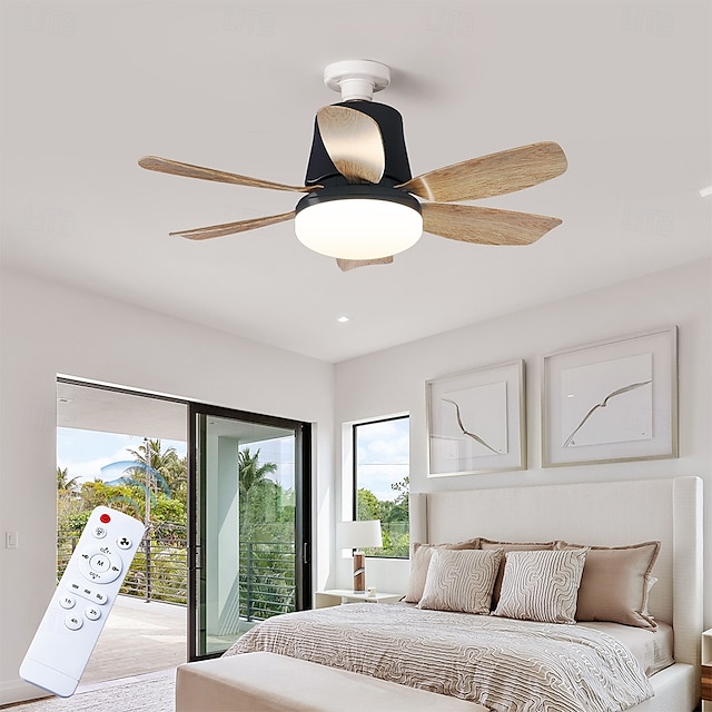 1 ventilatore da soffitto con attacco E26/27 e telecomando, con luci e prolunga per presa, lampadina a 3 velocità, ventilatore da soffitto con 6 pale per camera da letto, cucina, garage, effetto legno.