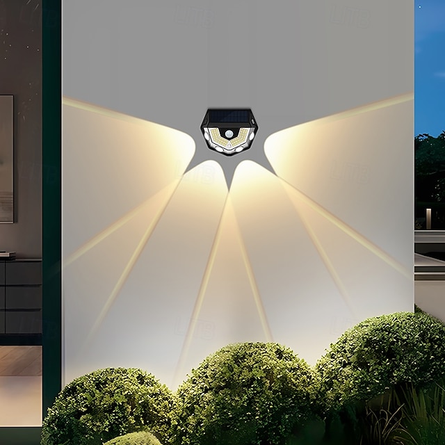  1 lampada da parete solare impermeabile per esterni con 58 LED, illuminazione per cortile, portico, garage, giardino, tre modalità di illuminazione intelligente con rilevamento del corpo umano, luci da parete su e giù