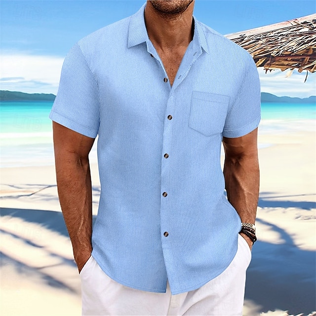  Herren Hemd Sommerhemd Freizeithemd Strandhemd Knopfhemd Schwarz Marineblau Blau Dunkelgrün Braun Kurzarm Einfach Revers Urlaub Hawaiianisch Jacquard Bekleidung Polyester Mode Lässig Bequem