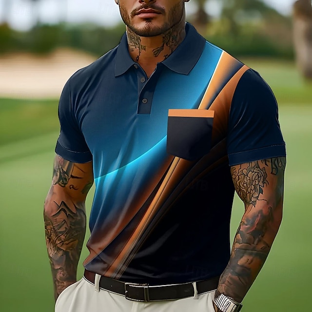  Férfi Button Up Polos Utca Hétköznapi Hajtóka Rövid ujjú Divat Geometriai Linije Gombok Zseb Nyár Sárga Rubin Medence Lóhere Button Up Polos