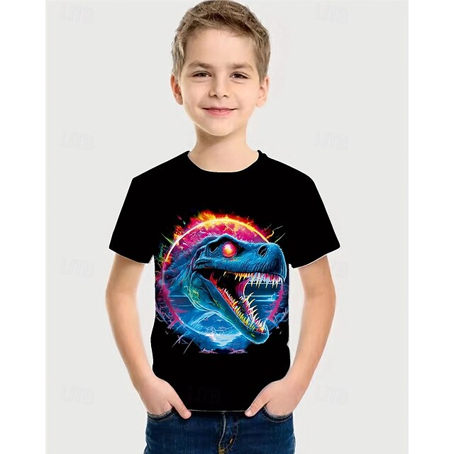  Poikien 3D Dinosaurus T-paita Lyhythihainen Kesä Kevät Muoti Perus Lapset 4-12 vuotta Tiukka pyöreä kaula-aukko ulko- Kausaliteetti Päivittäin Normaali