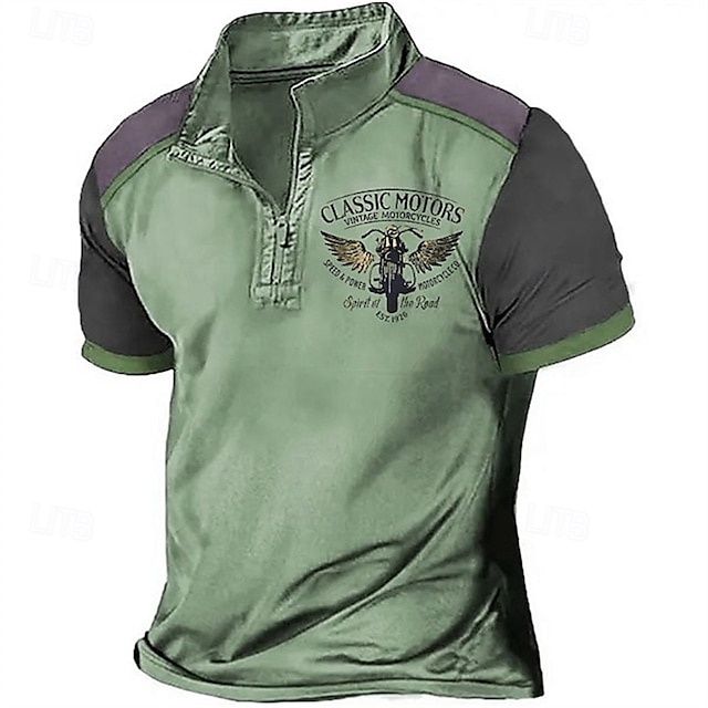  Herre T-shirt Henley-skjorte T-Shirts Kortærmet skjorte Kortærmet Kvartals lynlås Sommer Farveblok Motorcykel Mode Designer Basale Patchwork Ferierejse Gade I-byen-tøj Blå Grøn Kakifarvet Top T-shirt