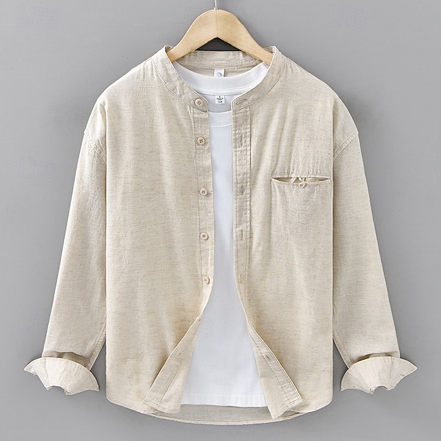  Per uomo Camicia Camicia di lino Camicia casual Camicia con Bottoni Camicia di cotone Semplice Vacanza Camicia hawaiana Nero Bianco Blu marino Beige Manica Lunga Nonno Primavera Autunno Abbigliamento