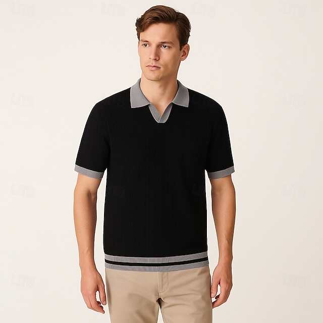  Herren Polo Geschäft Lässig Umlegekragen Kurzarm Farbblock Jacquard V-Ausschnitt Weich Sommer Frühling Herbst Normale Passform Weinrot Schwarz Khaki Polo