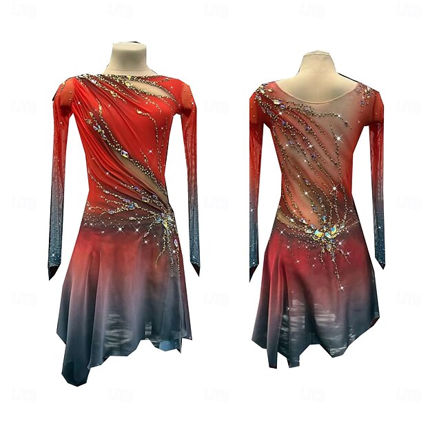 Figure Skating Dress Women's Girls' Ice Skating Dress Red Thumbhole Halo Dyeing High Elasticity Professional Competition Skating Wear Thermal Warm Crystal / Rhinestone Long Sleeve Ice Skating Figure4