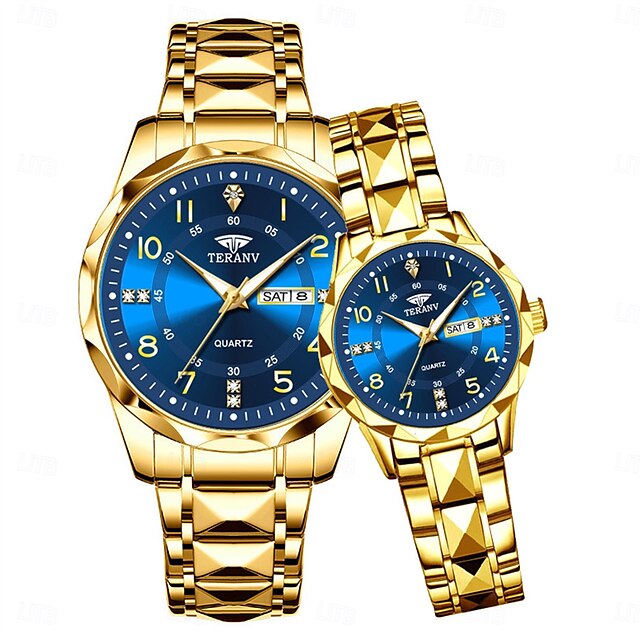  Relógio de casal elegante com design simples de strass e mostrador de losango ipx7 à prova d'água calendário luminoso data pulseira de aço relógio de quartzo presente de dia dos namorados (1 relógio