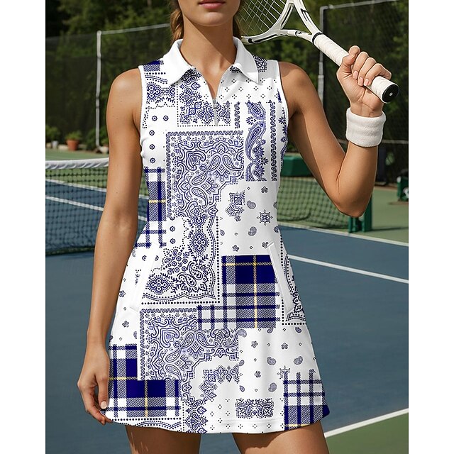 Women's Plaid / Check Tennis Dress Sports Dress Sleeveless Print Breathable Tennis Golf Badminton Polo Collar Zip Collar Dress Blue Tennis Clothing4