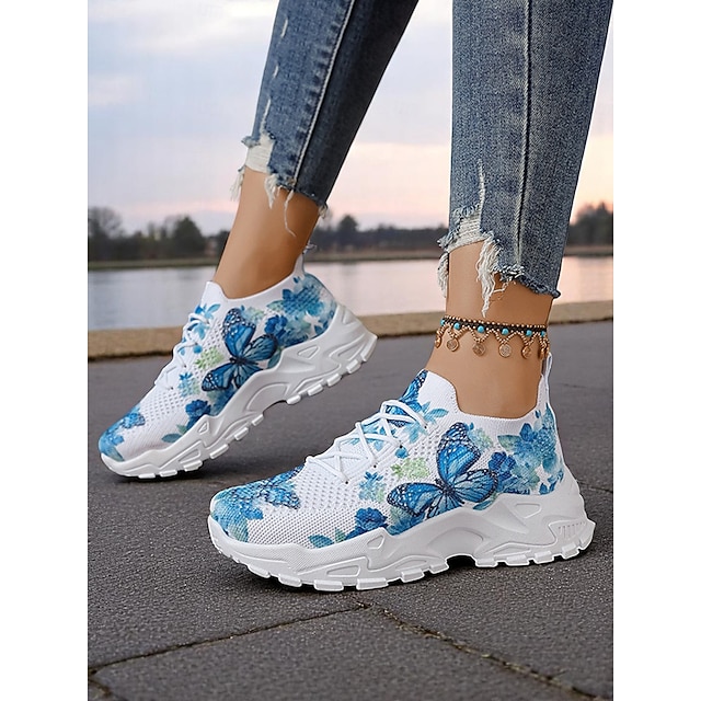  Sneakers Flyknit da donna con stampa a farfalla blu: scarpe da ginnastica leggere e alla moda per passeggiate, uscite informali e viaggi