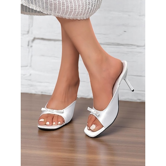  Women's Pink Satin Kitten Heel Mules with Bow Detail - Elegant Open-Toe Slip-On Heels for Romantic Daily Dates and Summer Outfits