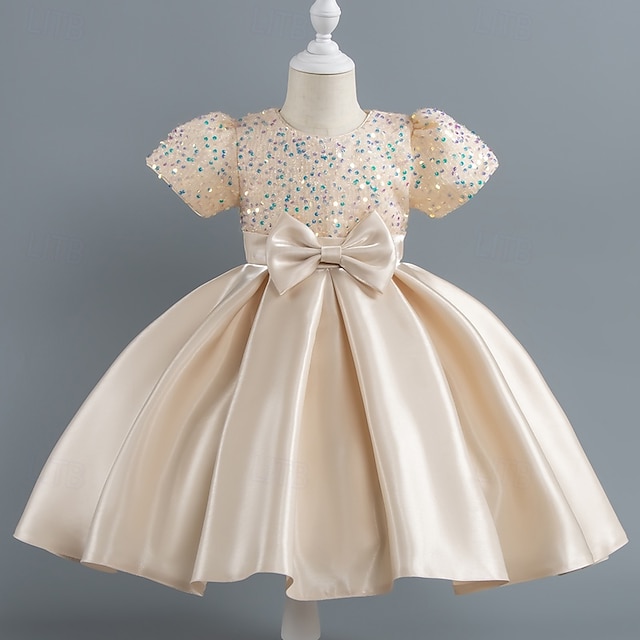  Tout-petit Fille Robe de Soirée Paillettes Manche Courte Mariage Soirée Paillettes Fermeture éclair Noeud de cravate Actif Adorable Polyester Mi-long Robe de Soirée Été Printemps Automne 4-7 ans