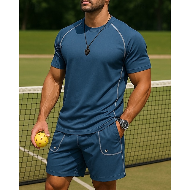  Men's Sports Set Tennis Set Two-piece Suit Short Sleeves Sweat-Wicking Moisture Wicking Breathable Tennis Golf Pickleball Crew Neck Stripes Black Royal Blue Khaki Tennis Clothing
