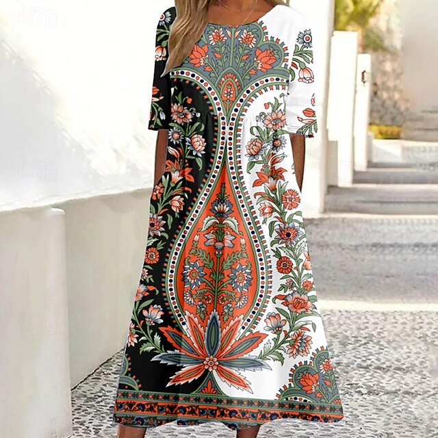 Women's Midi Dress Floral Dress Print Dress Fashion Classic Modern Outdoor Daily Holiday Regular Fit Flower Short Sleeve Crew Neck White Green Fall4