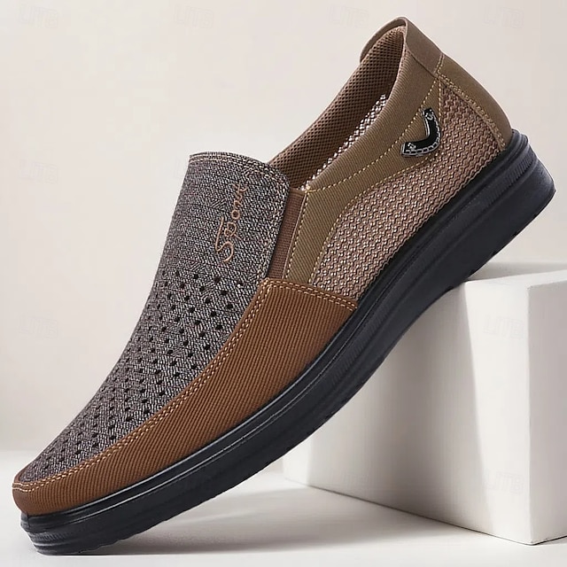  Ανδρικά καφέ slip-on mesh sneakers - άνετα, αναπνεύσιμα casual παπούτσια με ελαστική εφαρμογή για καθημερινή χρήση