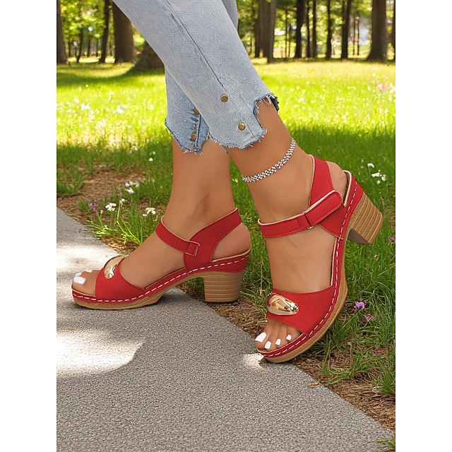  Sandales rouges à talons épais pour femmes – design rétro à bout ouvert avec des touches dorées pour les fêtes d'été et les trajets quotidiens