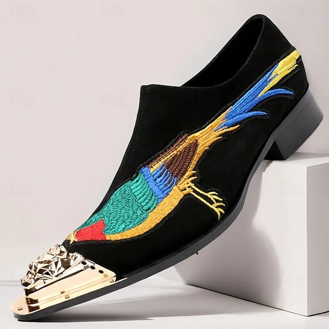  Mocasini bărbătești din catifea brodată, cu design colorat cu păsări și vârf metalic – pantofi eleganti de lux, fără mâneci, pentru petreceri și nunți