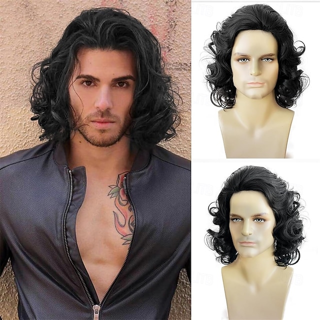  Herreparykk Brun Naturlig Bølget Krøllete Parykk Langt Hår Herreparykk 70-80-talls Rocker Cosplay Syntetiske Parykker Til Halloween Kostymetilbehør