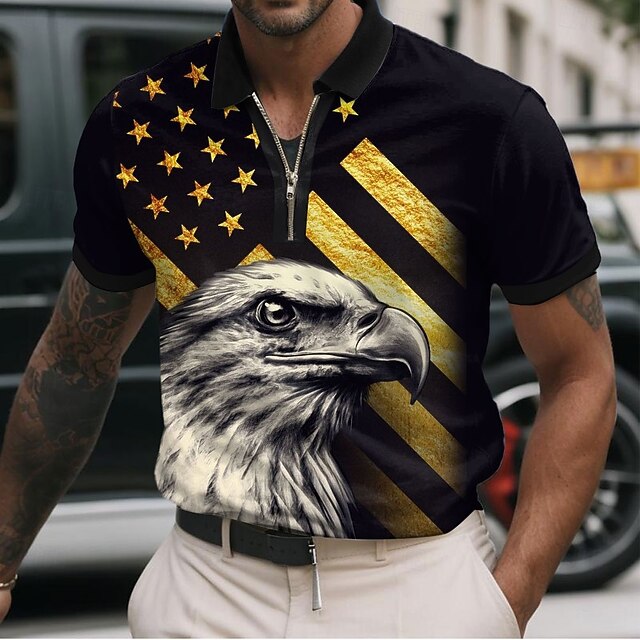 Independence Day Men's American US Flag Eagle Zip Polo Short Sleeve Polo Shirts Turndown Casual Daily Casual Zip Up 3D Print Summer Black4