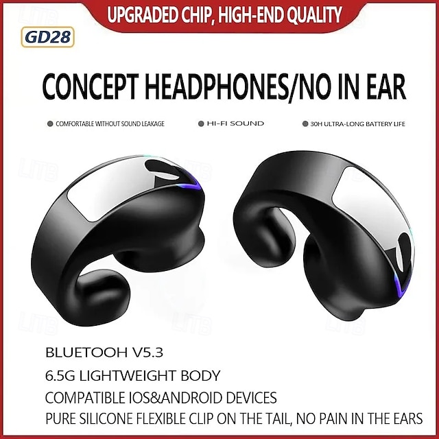  Fones de ouvido com clipe de orelha GD28 verdadeiramente sem fio Bluetooth 5.3 – Fones de ouvido leves TWS para esportes com microfone som HiFi controle por toque longa duração da bateria para iOS e