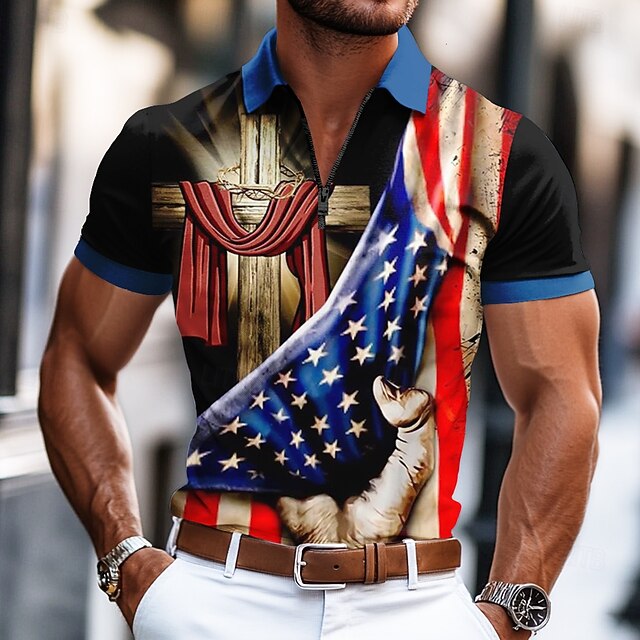 Independence Day Men's American US Flag Zip Polo Short Sleeve Turndown Casual / Sporty Athleisure Casual Daily Festival 3D Print Summer Robin's Egg Blue4