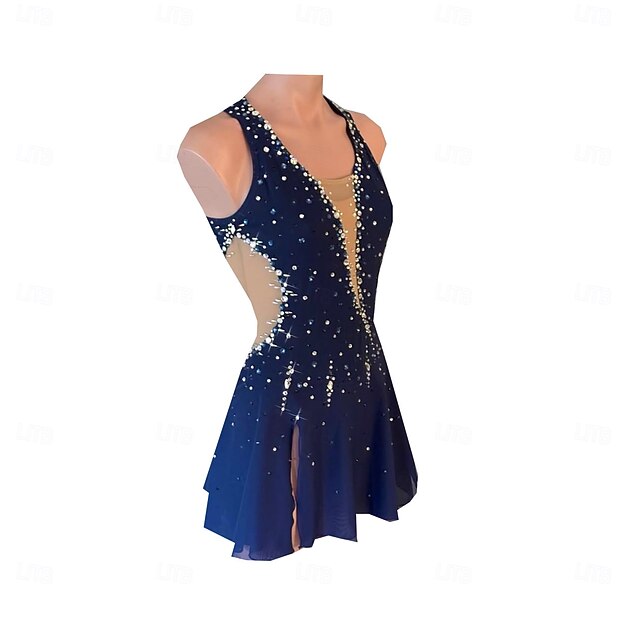 Figure Skating Dress Women's Girls' Ice Skating Dress Dark Blue Thumbhole Halo Dyeing High Elasticity Professional Competition Skating Wear Thermal Warm Crystal / Rhinestone Sleeveless Ice Skating4